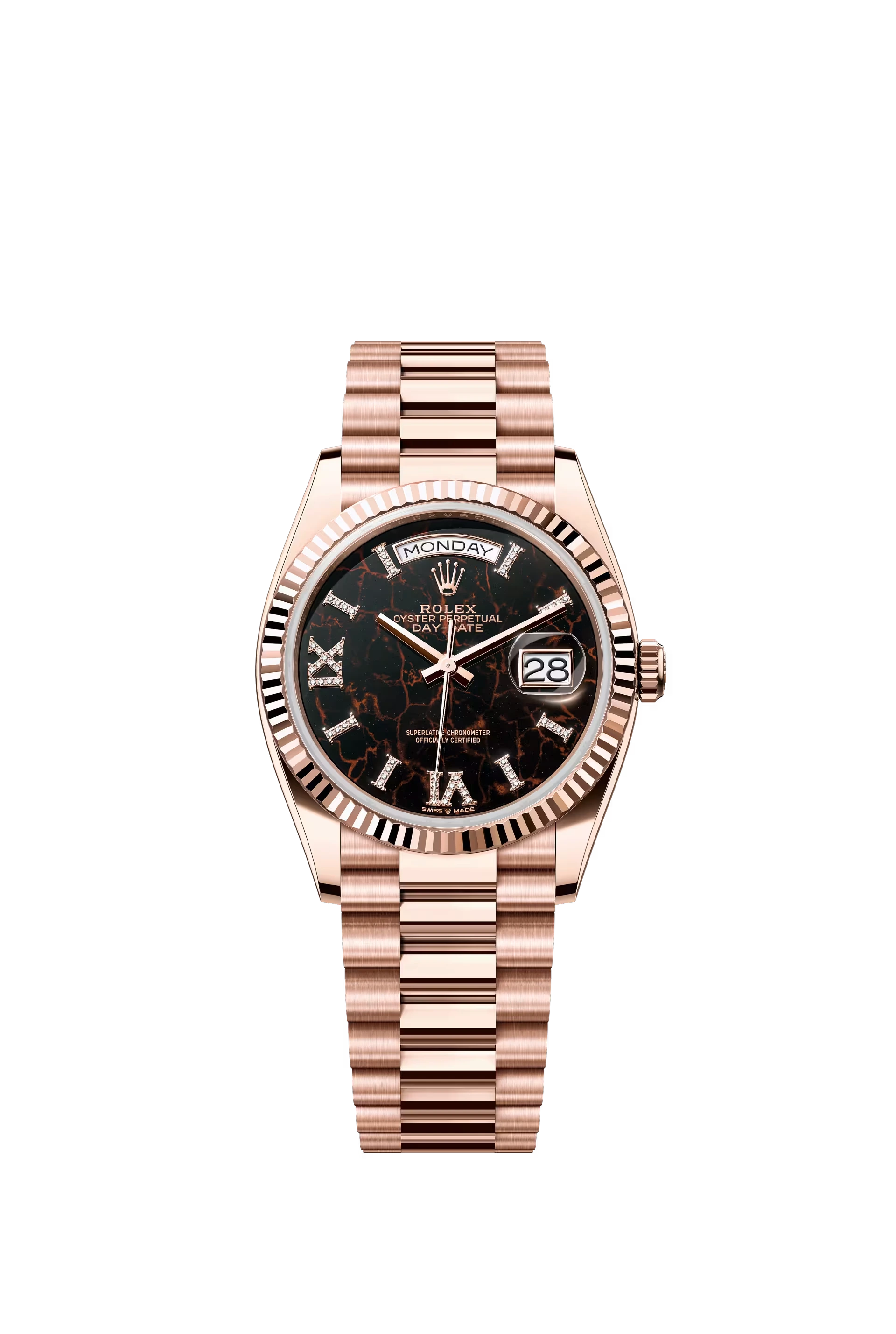 Rolex Day Date 36 mm Everose Gold Eisenkiesel Dial Diamond Roman Markers Ref. 128235