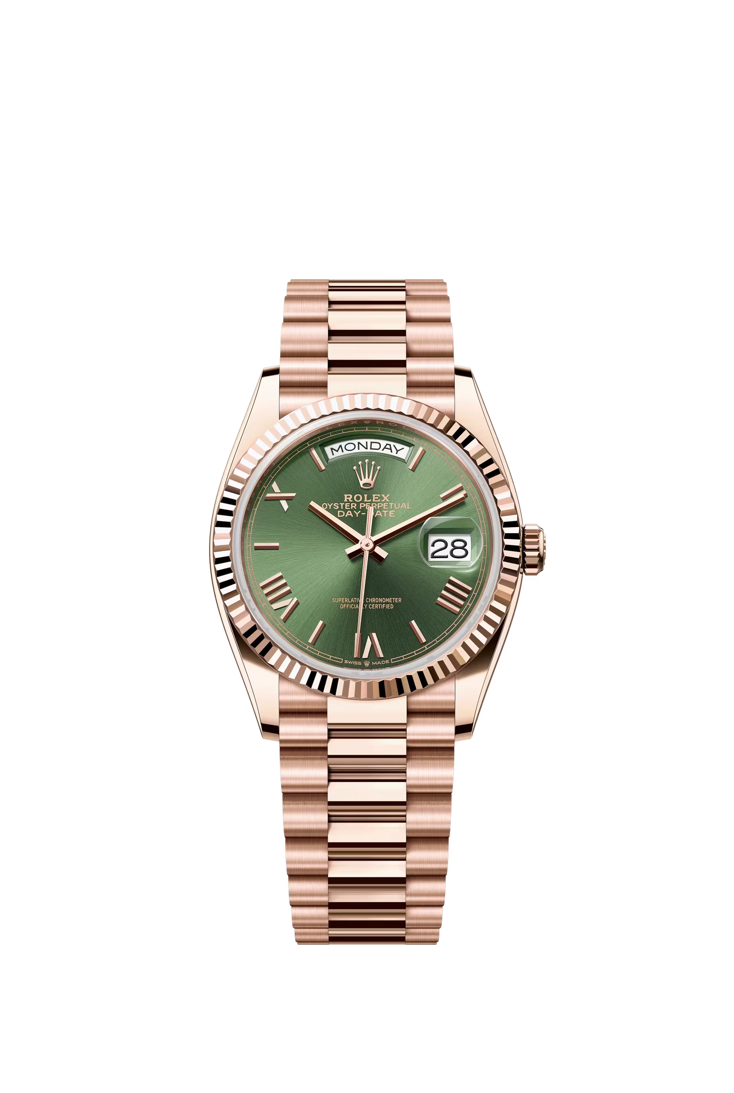 Rolex Day Date 36 mm Everose Gold Olive Green Dial Roman Markers Ref. 128235