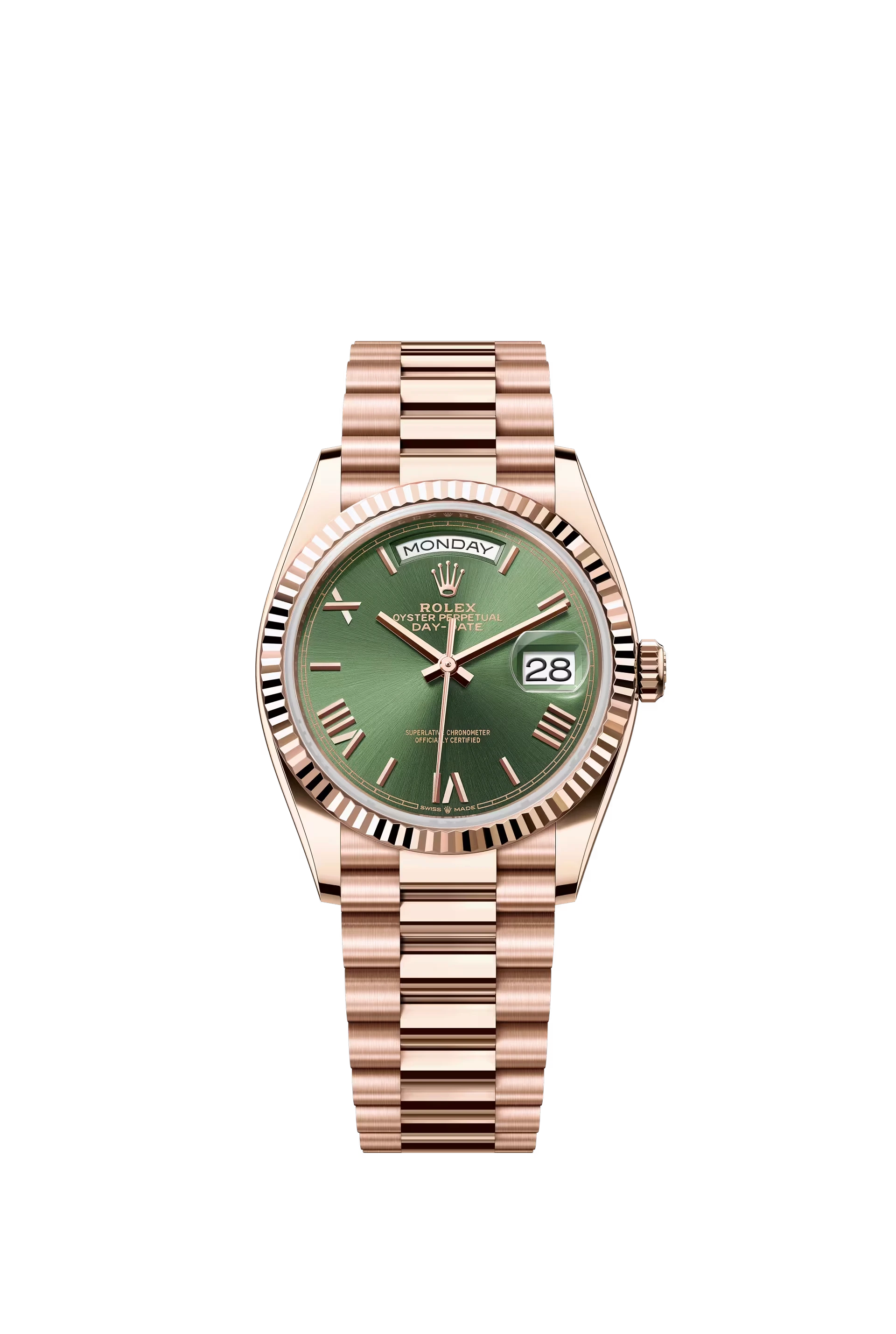 Rolex Day Date 36 mm Everose Gold Olive Green Dial Roman Markers Ref. 128235