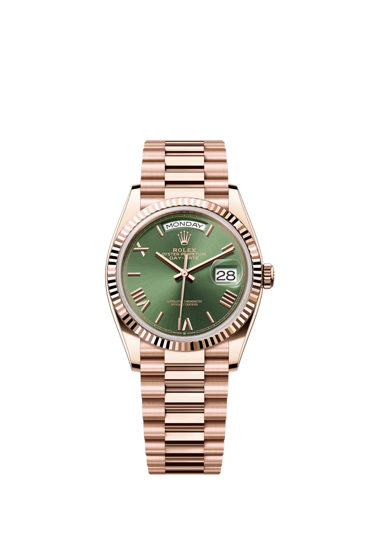 Rolex Day Date 36 mm Everose Gold Olive Green Dial Roman Markers Ref. 128235