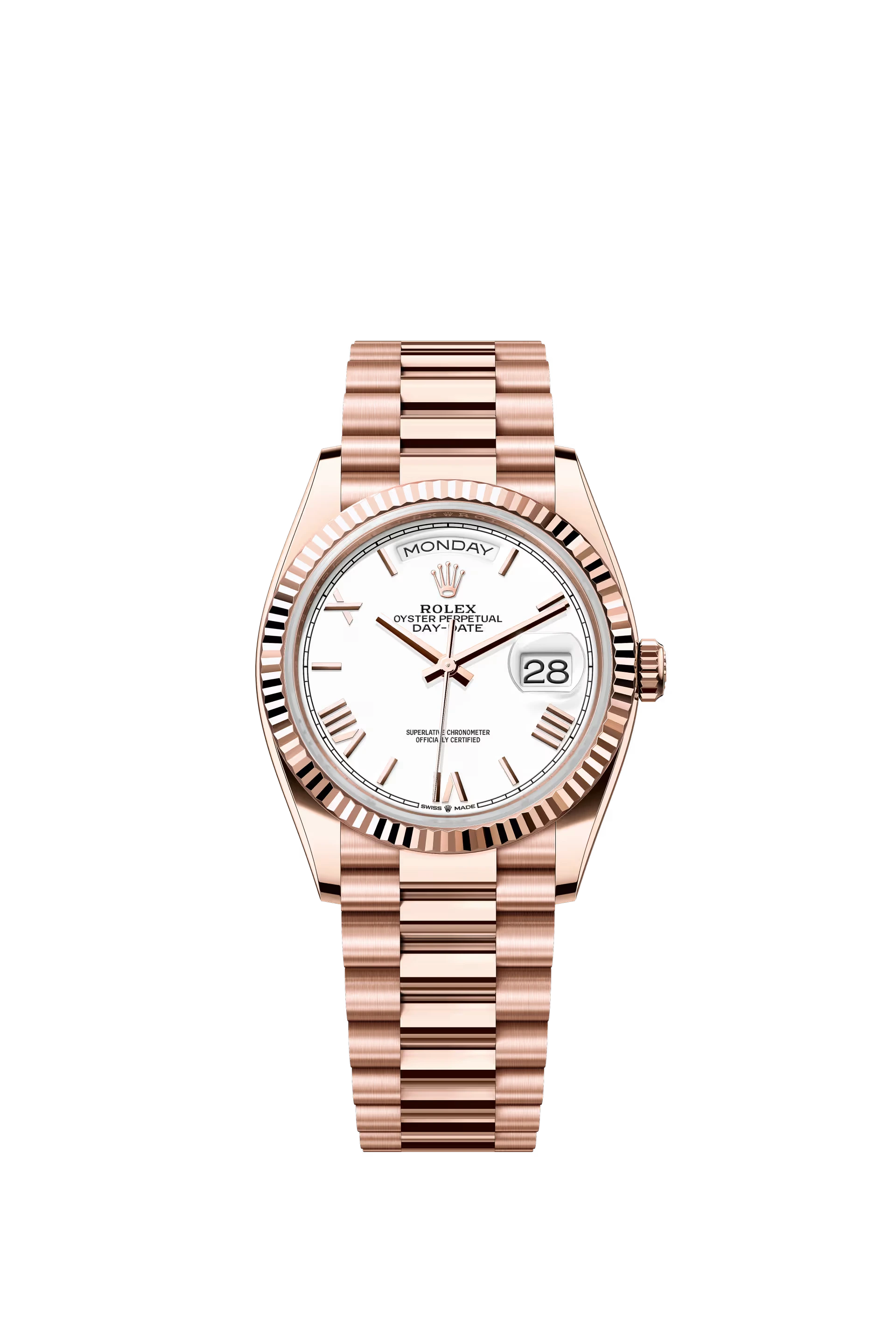 Rolex Day Date 36 Everose Gold White Roman Dial 128235