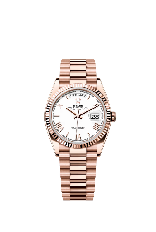Rolex Day Date 36 Everose Gold White Roman Dial 128235