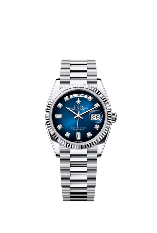 Rolex Day Date 36 mm Platinum Blue Ombre Dial Diamond Markers Ref. 128236