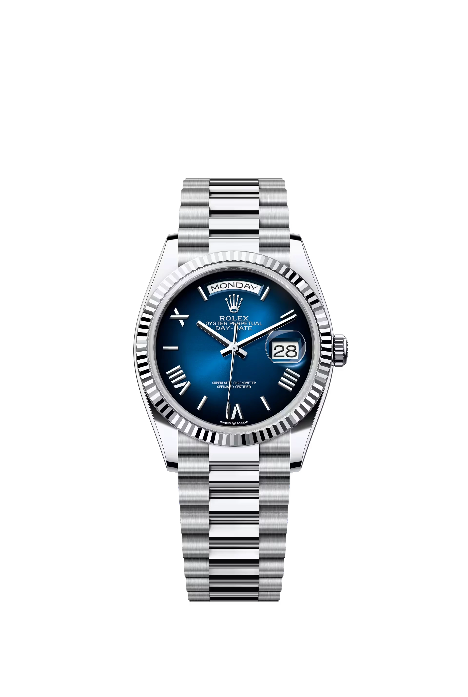 Rolex Day Date 36 mm Platinum Blue Ombre Dial Roman Markers Ref. 128236