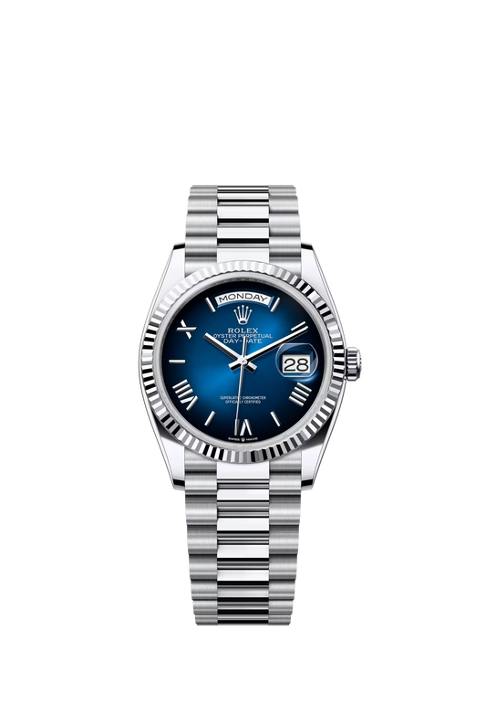 Rolex Day Date 36 mm Platinum Blue Ombre Dial Roman Markers Ref. 128236