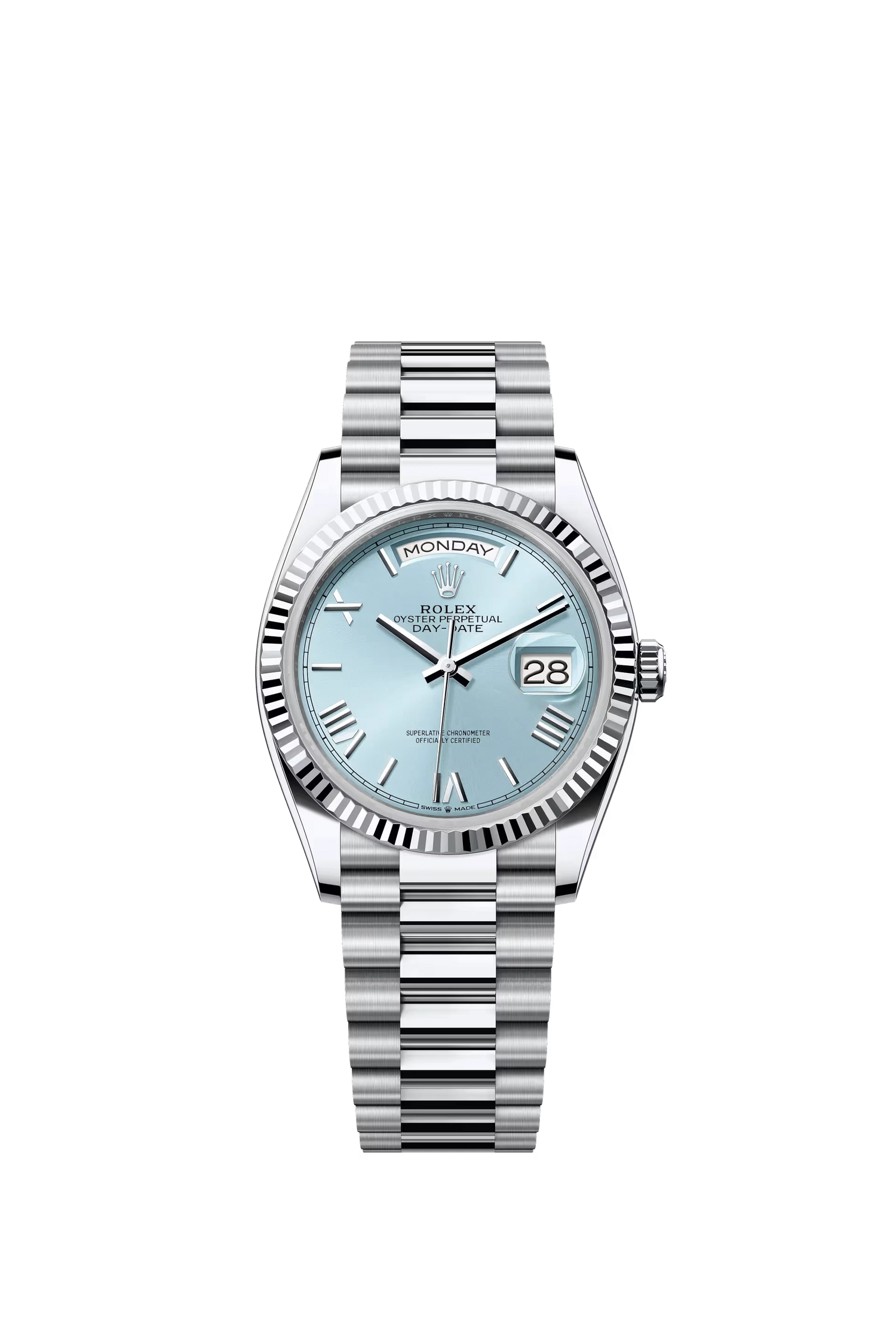 Rolex Day Date 36 Platinum Ice Blue Dial Roman Markers President Bracelet Ref. 128236