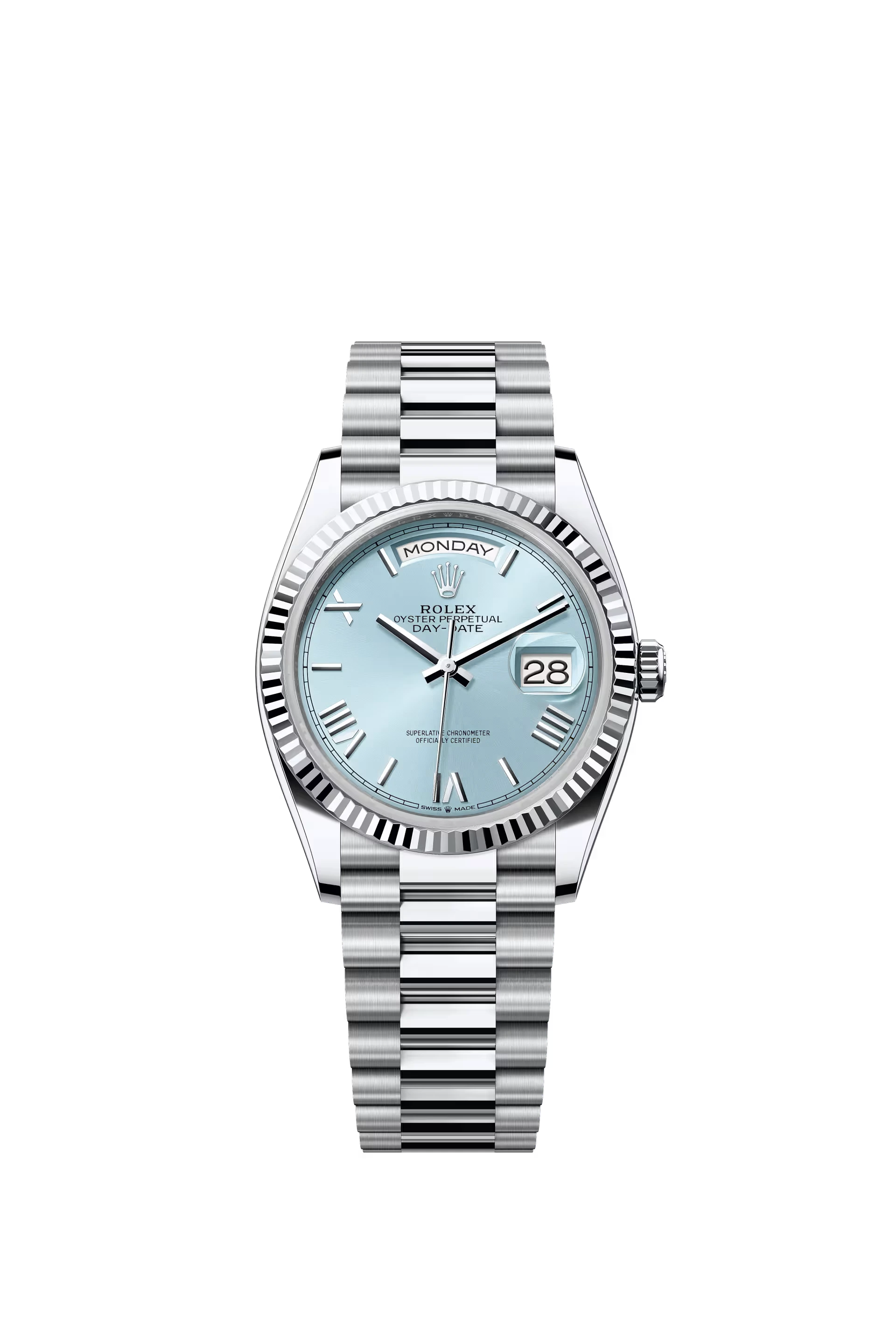 Rolex Day Date 36 Platinum Ice Blue Dial Roman Markers President Bracelet Ref. 128236