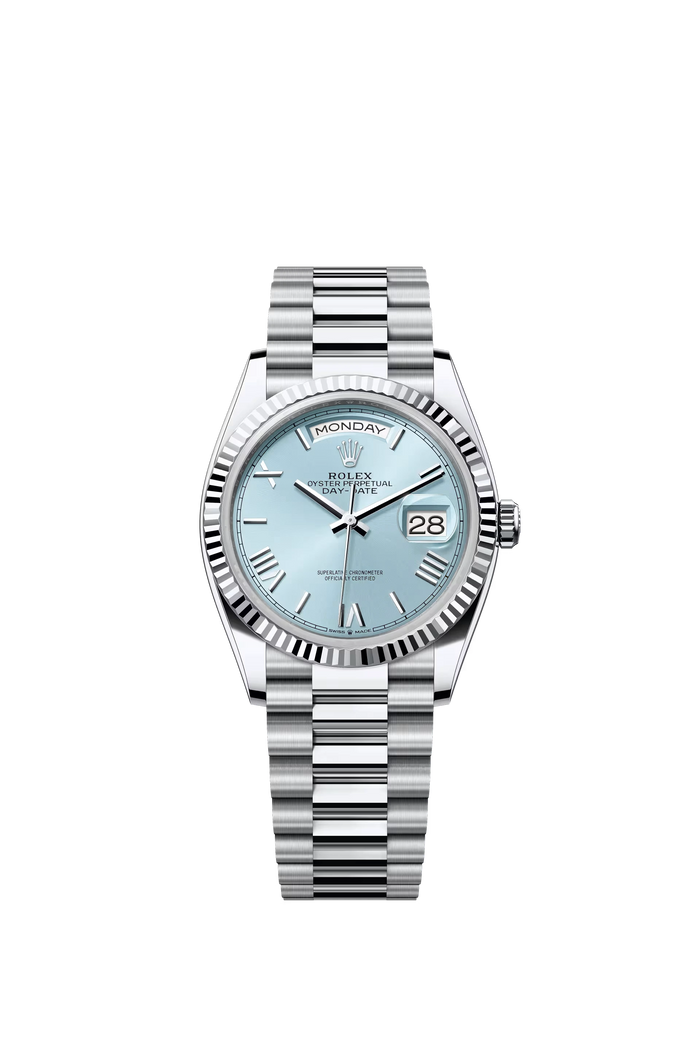 Rolex Day Date 36 Platinum Ice Blue Dial Roman Markers President Bracelet Ref. 128236