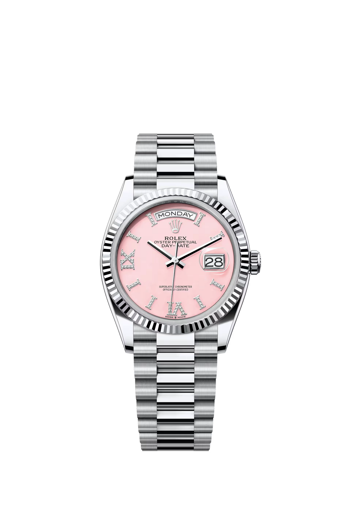 Rolex Day Date 36 mm Platinum Pink Dial Diamond Roman Markers Ref. 128236