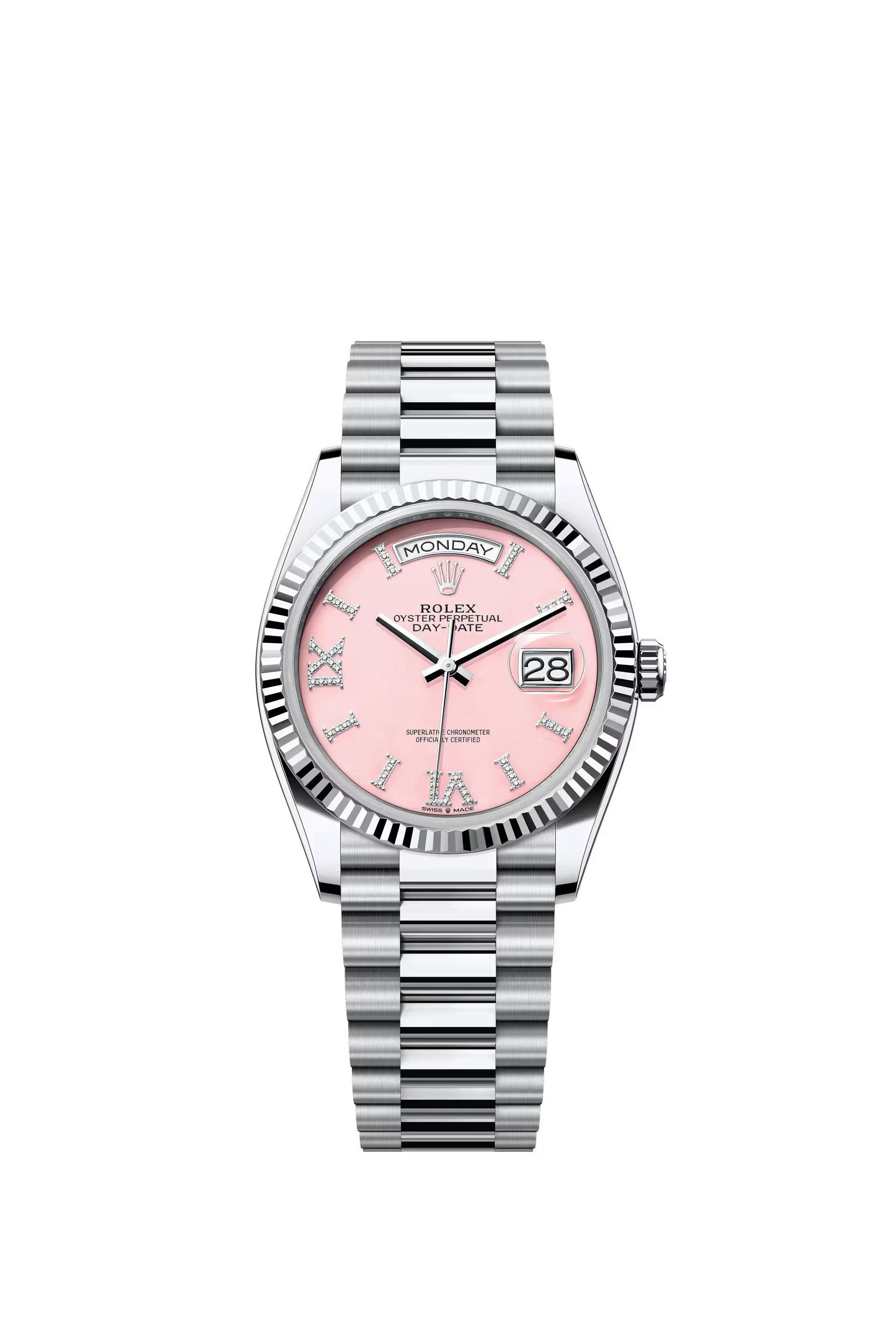 Rolex Day Date 36 mm Platinum Pink Dial Diamond Roman Markers Ref. 128236