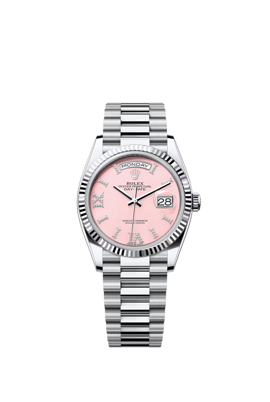 Rolex Day Date 36 mm Platinum Pink Dial Diamond Roman Markers Ref. 128236