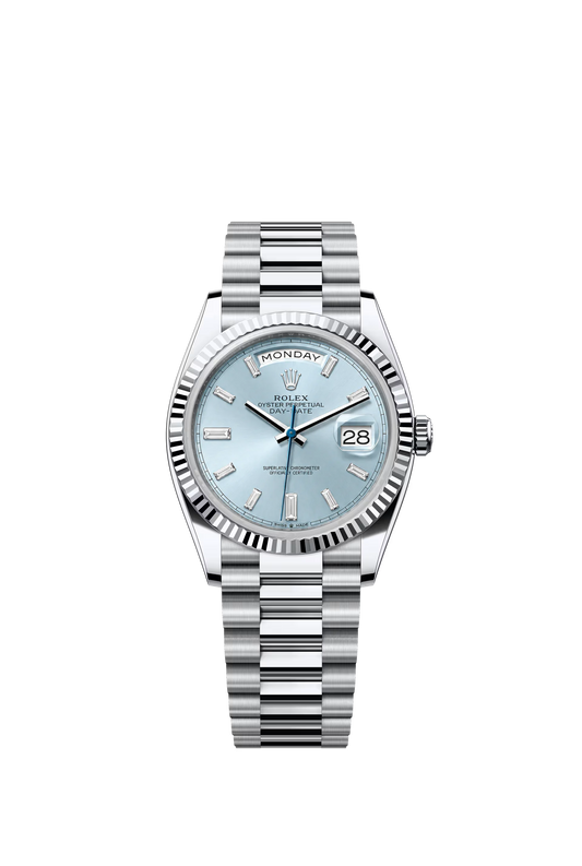 Rolex Day Date 36 mm PT Ice Blue Dial Diamond Markers Ref. 128236