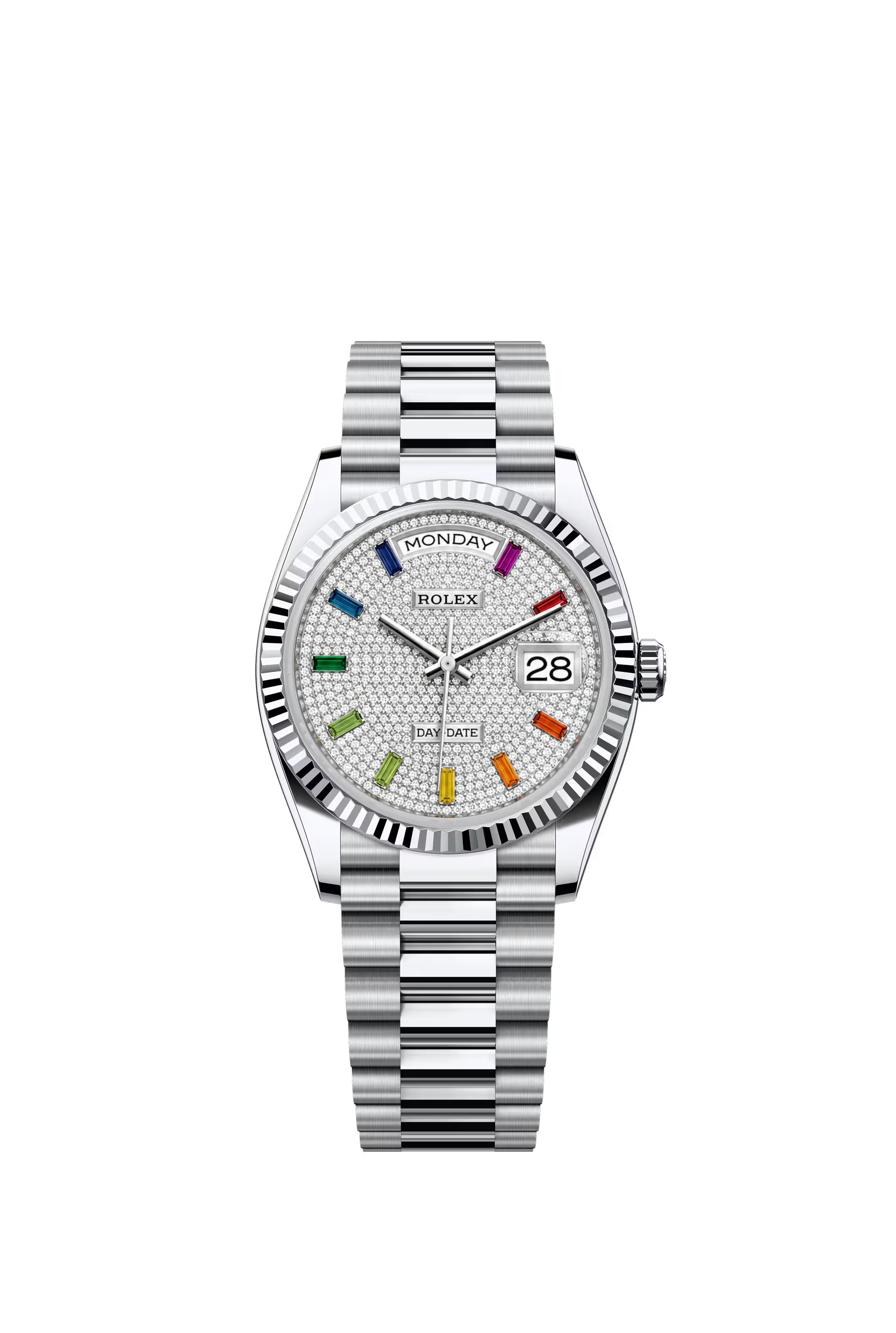 Rolex Day Date 36 mm White Gold Diamond Paved Dial Rainbow Markers Ref. 128239