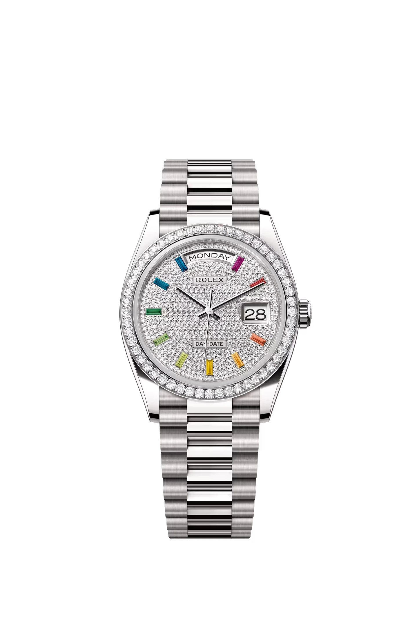 Rolex Day Date 36 mm White Gold Diamond Paved Dial Rainbow Markers Ref. 128349RBR
