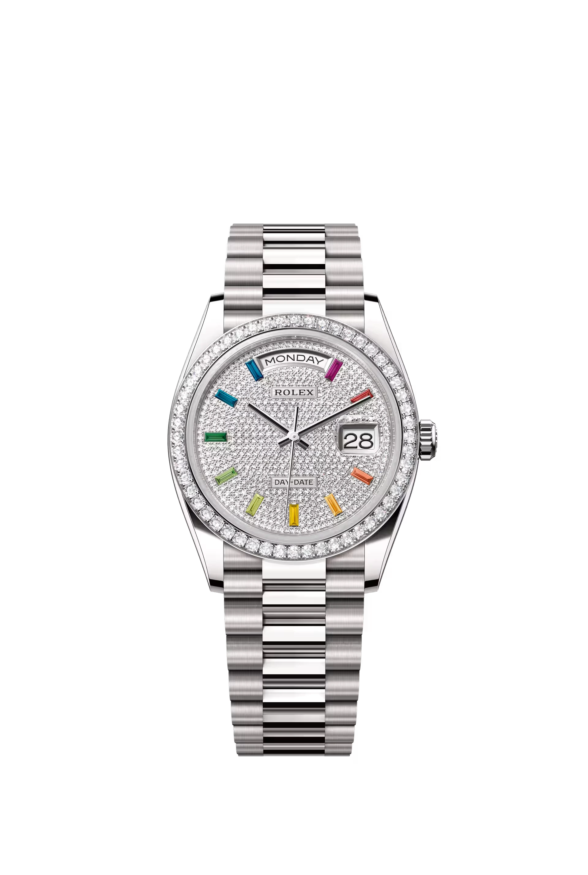Rolex Day Date 36 mm White Gold Diamond Paved Dial Rainbow Markers Ref. 128349RBR