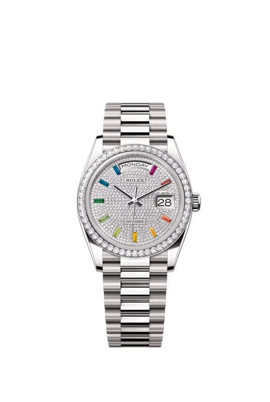 Rolex Day Date 36 mm White Gold Diamond Paved Dial Rainbow Markers Ref. 128349RBR