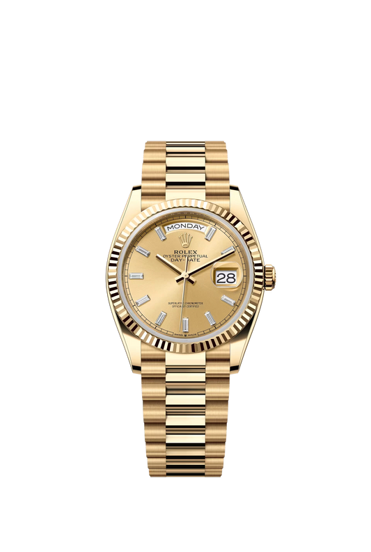 Rolex Day Date 36 mm Yellow Gold Champagne Dial Diamond Markers Ref. 128238