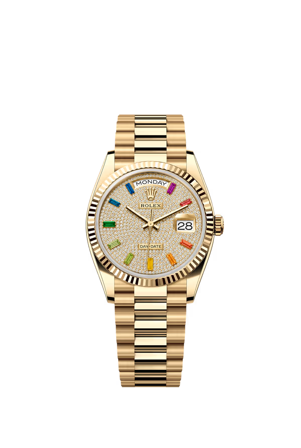 Rolex Day Date 36 mm Yellow Gold Diamond Paved Dial Rainbow Markers Ref. 128238