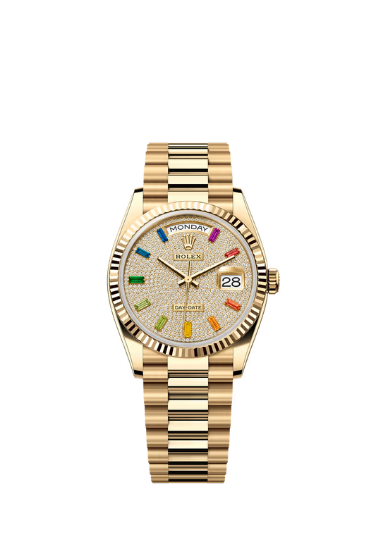 Rolex Day Date 36 mm Yellow Gold Diamond Paved Dial Rainbow Markers Ref. 128238