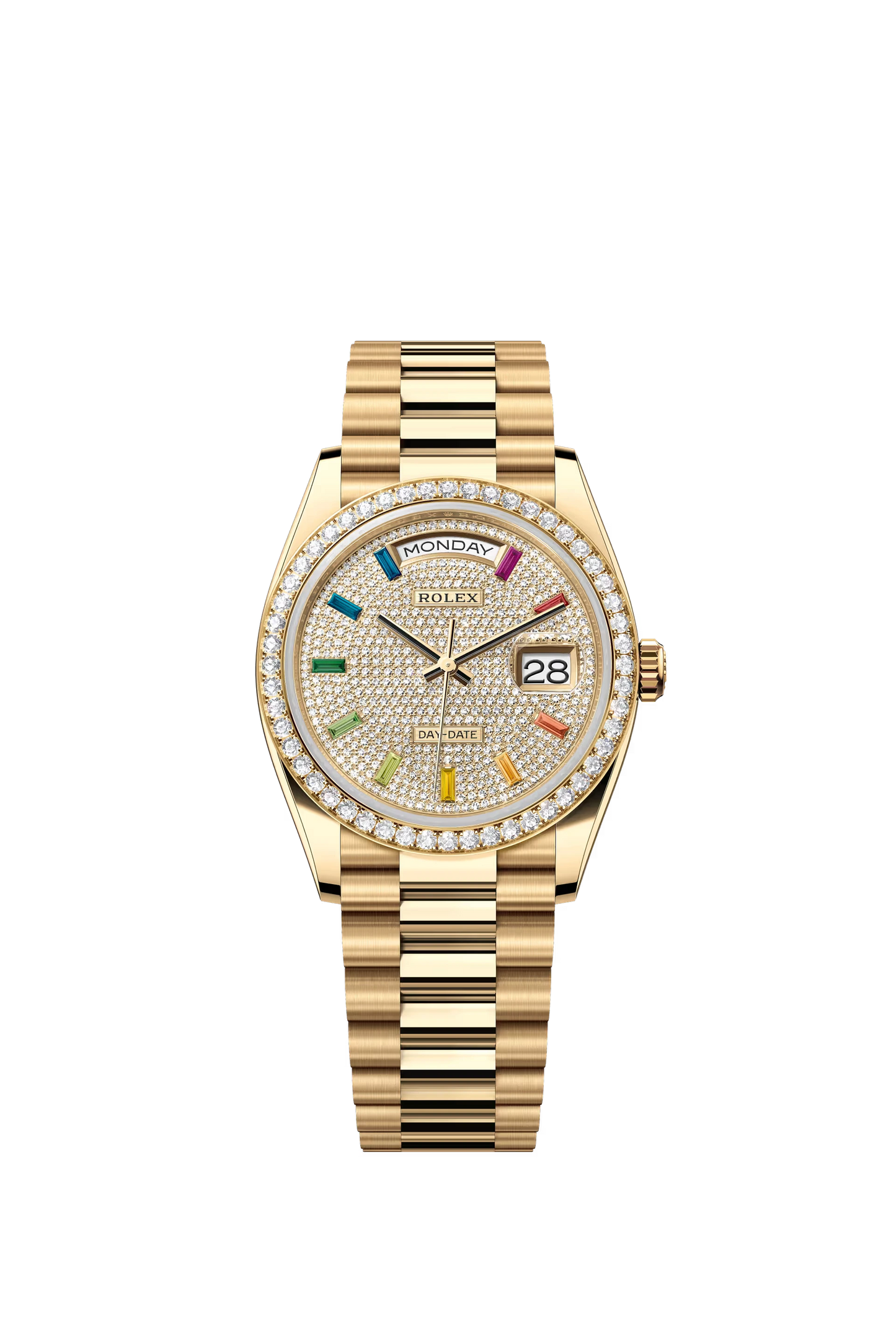 Rolex Day Date 36 mm Yellow Gold Diamond Paved Dial Rainbow Markers Ref. 128348RBR