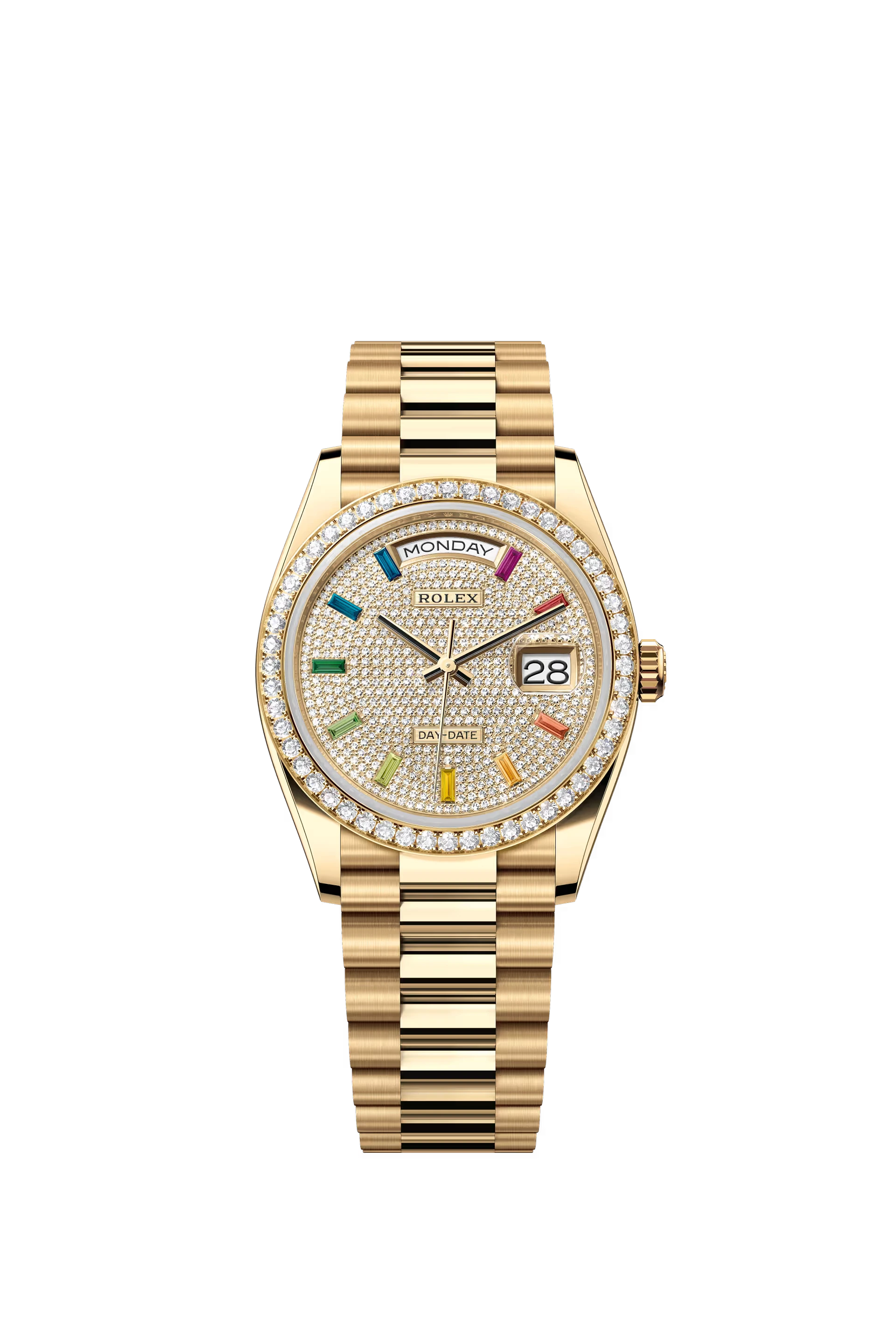 Rolex Day Date 36 mm Yellow Gold Diamond Paved Dial Rainbow Markers Ref. 128348RBR