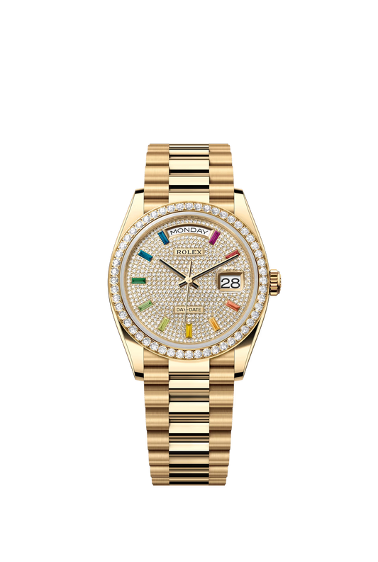 Rolex Day Date 36 mm Yellow Gold Diamond Paved Dial Rainbow Markers Ref. 128348RBR