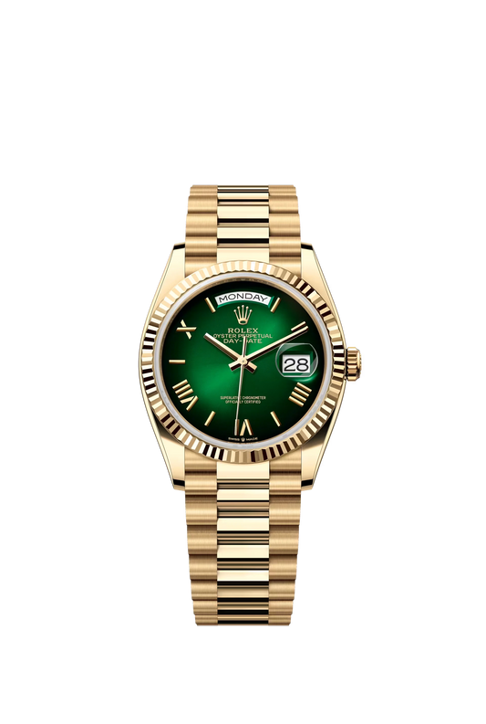 Rolex Day Date 36 mm Yellow Gold Green Ombre Dial Roman Markers Ref. 128238