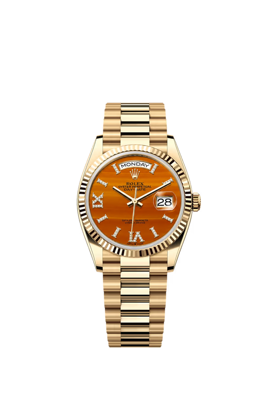 Rolex Day Date 36 mm Yellow Gold Orange Dial Diamond Roman Markers Ref. 128238