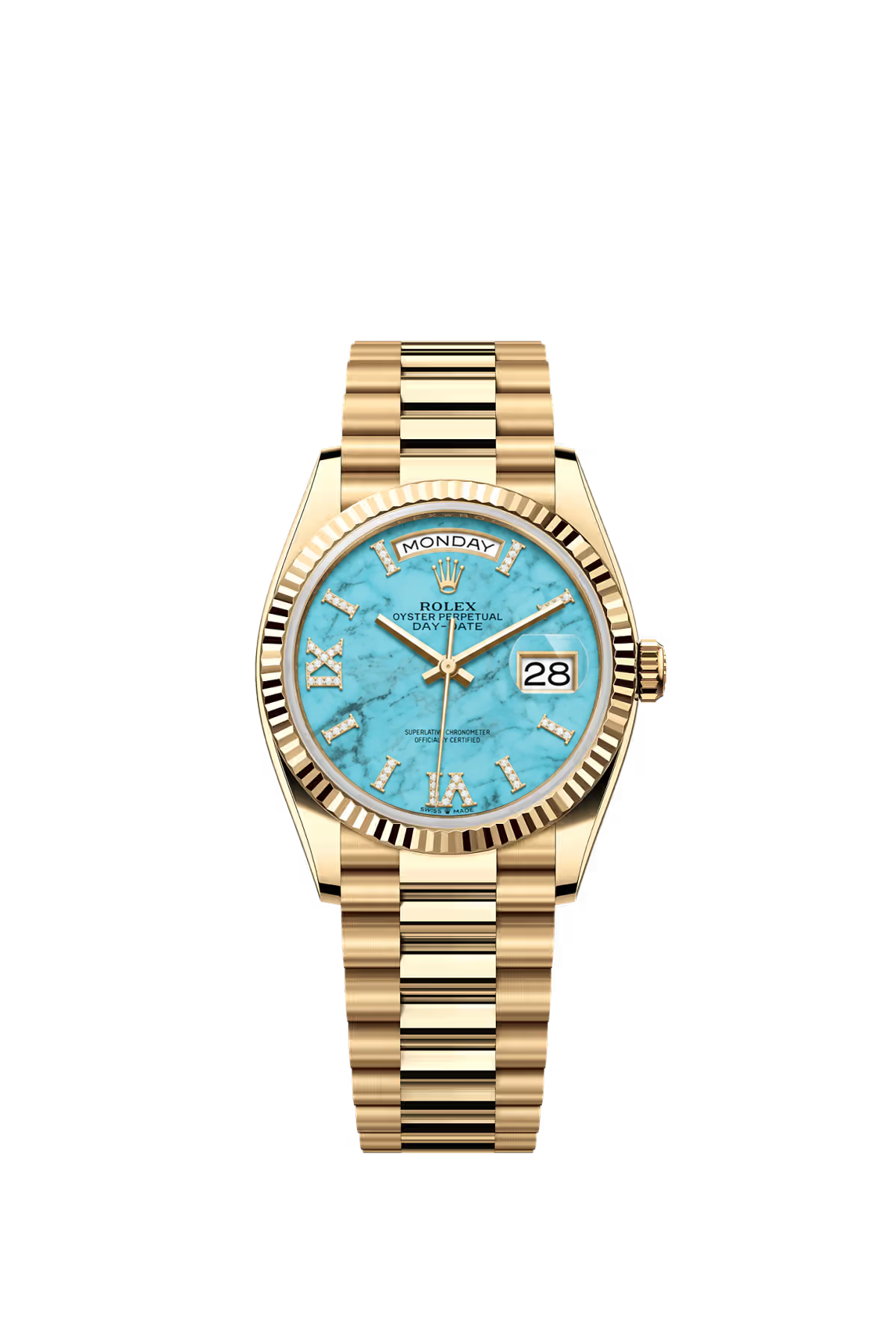 Rolex Day Date 36 mm Yellow Gold Turquoise Dial Diamond Roman Markers Ref. 128238