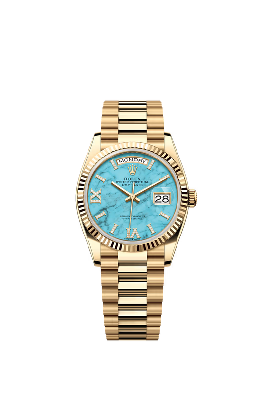 Rolex Day Date 36 mm Yellow Gold Turquoise Dial Diamond Roman Markers Ref. 128238