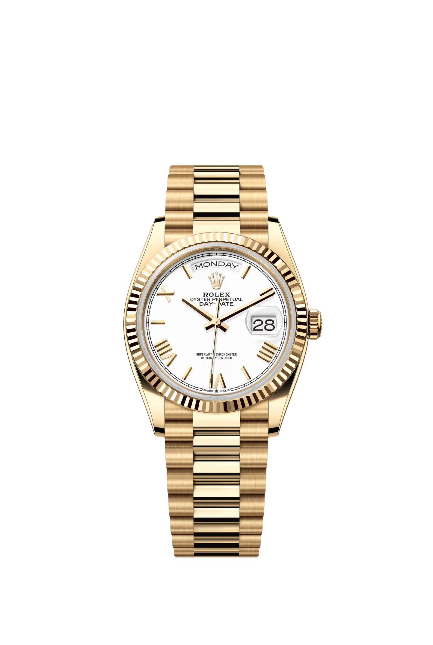 Rolex Day Date 36 Yellow Gold White Dial Roman Markers President Bracelet Ref. 128238