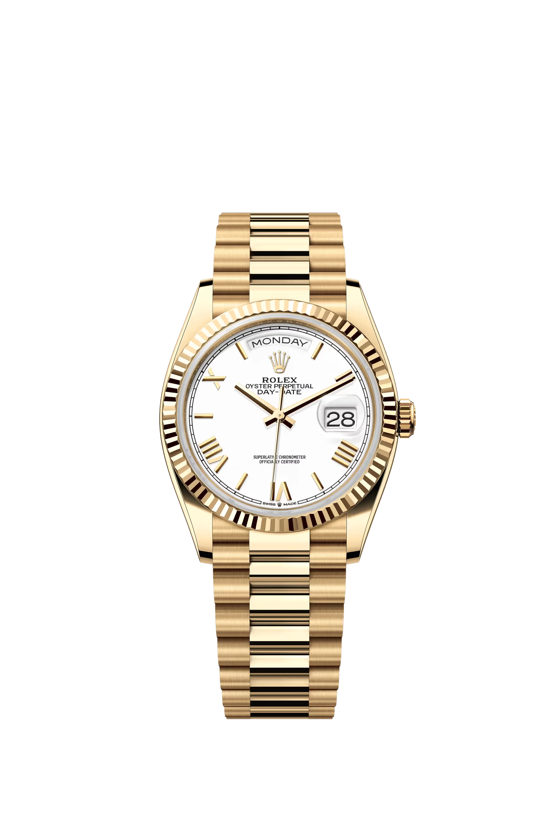 Rolex Day Date 36 Yellow Gold White Dial Roman Markers President Bracelet Ref. 128238