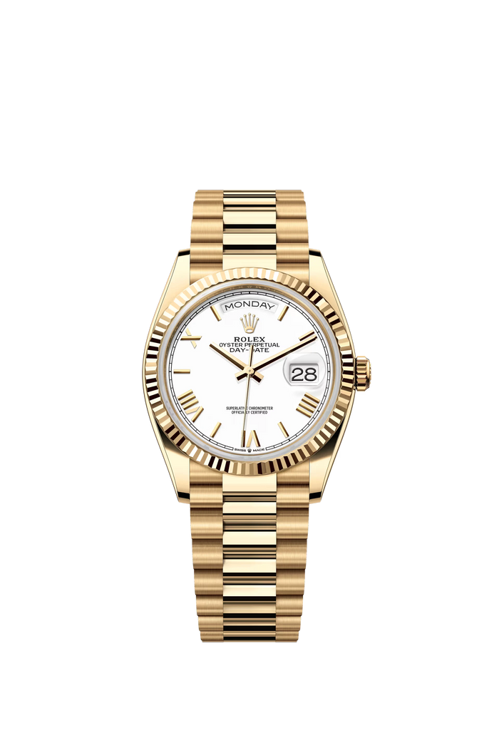 Rolex Day Date 36 Yellow Gold White Dial Roman Markers President Bracelet Ref. 128238