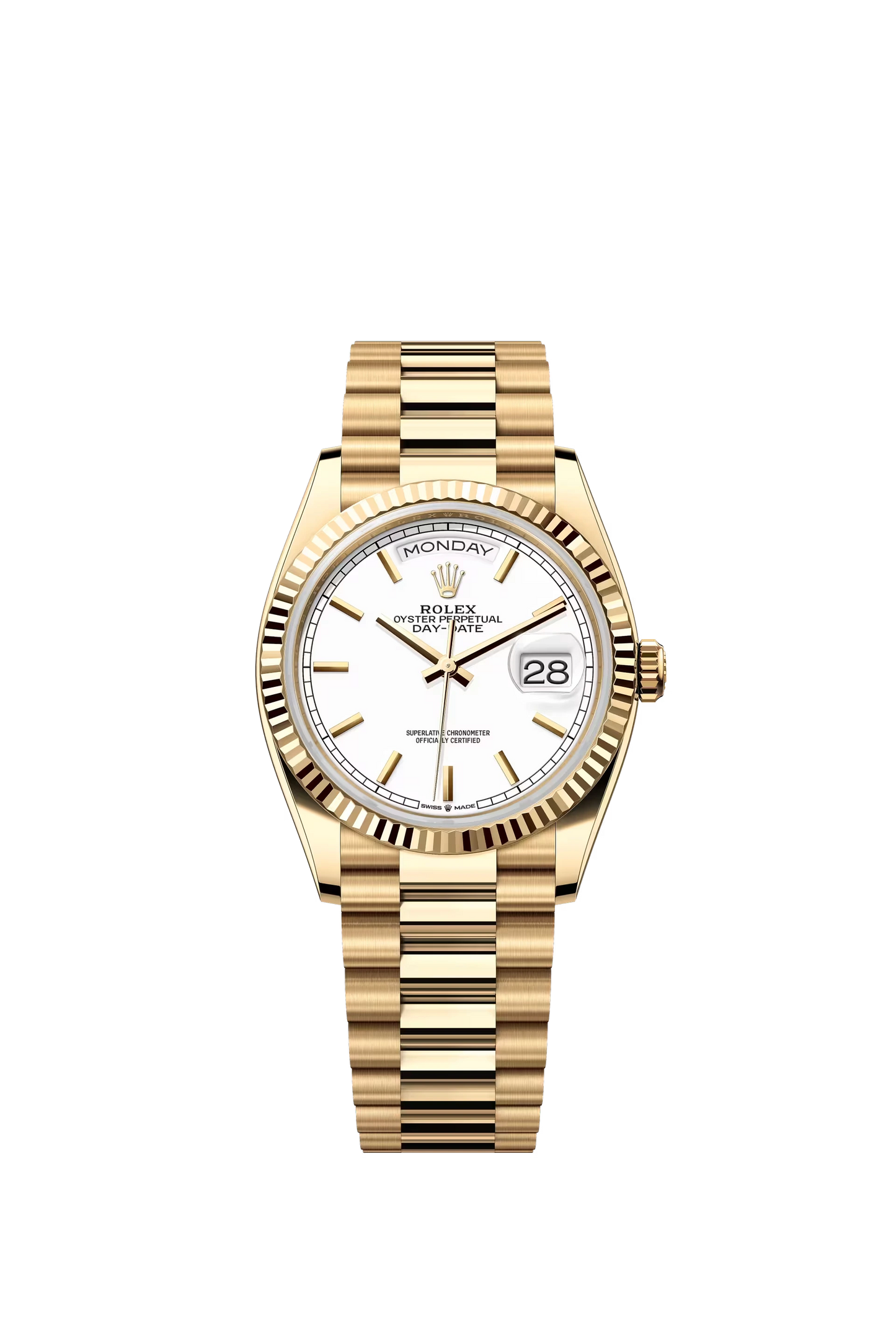Rolex Day Date 36mm Yellow Gold watch με white dial και stick markers, Ref. 128238