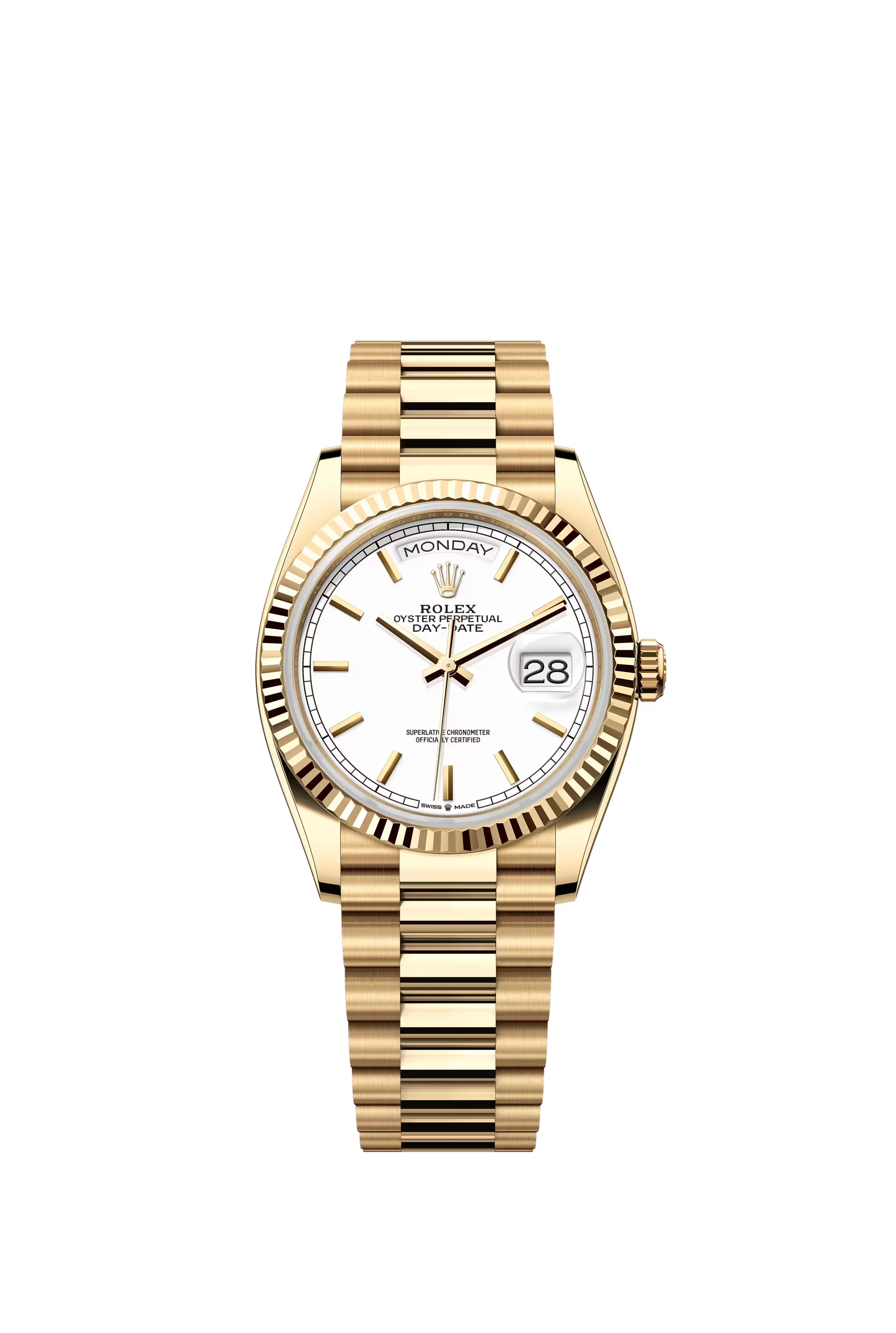 Rolex Day Date 36mm Yellow Gold watch με white dial και stick markers, Ref. 128238
