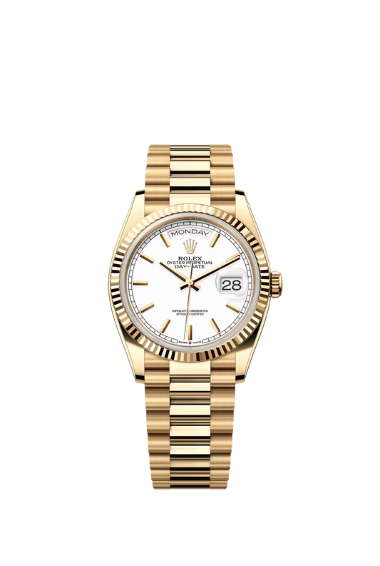 Rolex Day Date 36mm Yellow Gold watch με white dial και stick markers, Ref. 128238
