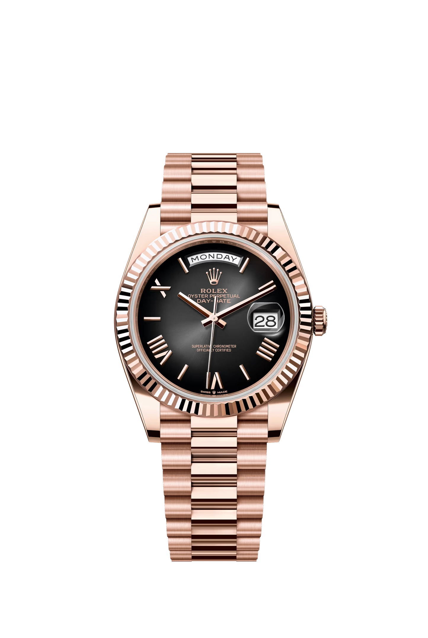 Rolex Day Date 40 Everose Gold Black Dial Roman Markers President Bracelet Ref. 228235