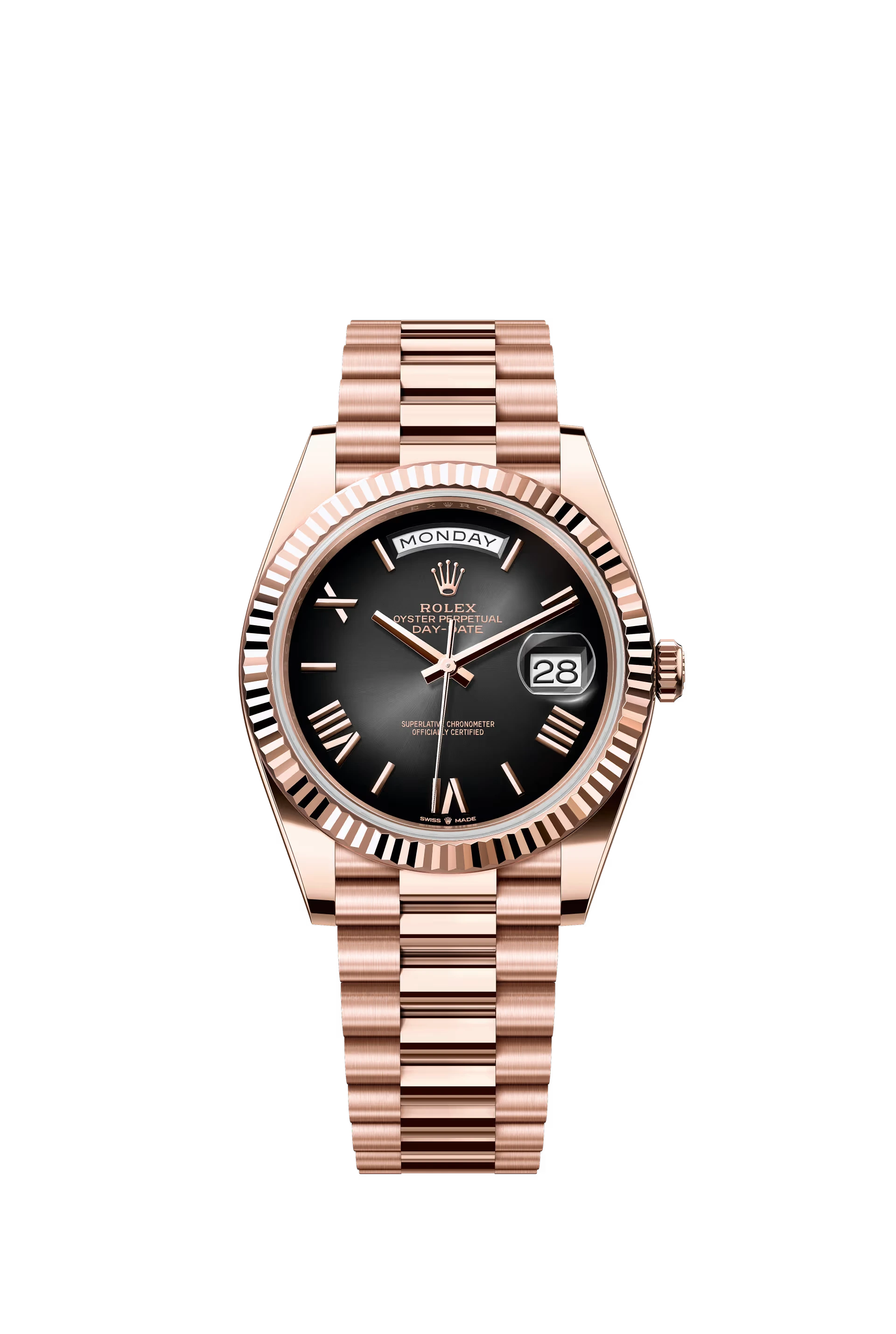 Rolex Day Date 40 Everose Gold Black Dial Roman Markers President Bracelet Ref. 228235
