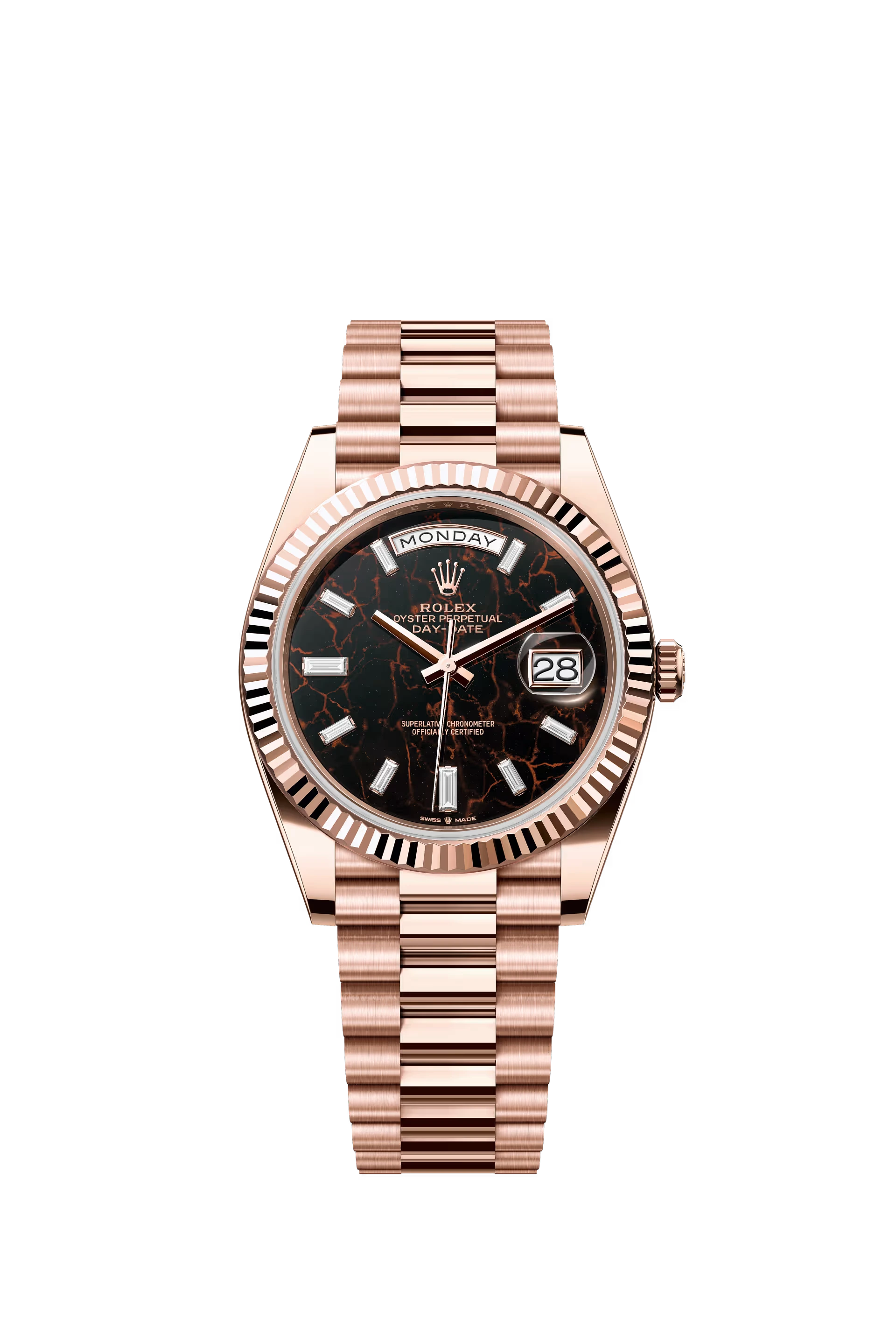 Rolex Day Date 40 Everose Gold Eisenkiesel Dial Baguette Diamond Markers President Bracelet Ref. 228235