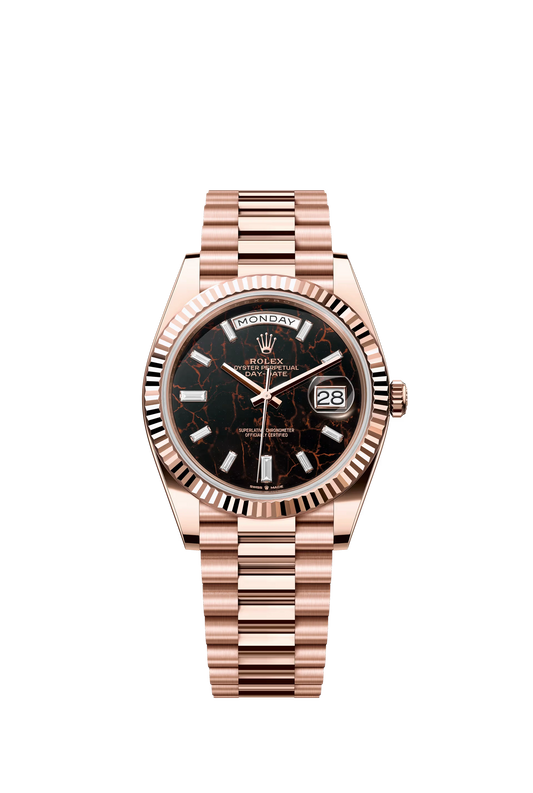 Rolex Day Date 40 Everose Gold Eisenkiesel Dial Baguette Diamond Markers President Bracelet Ref. 228235