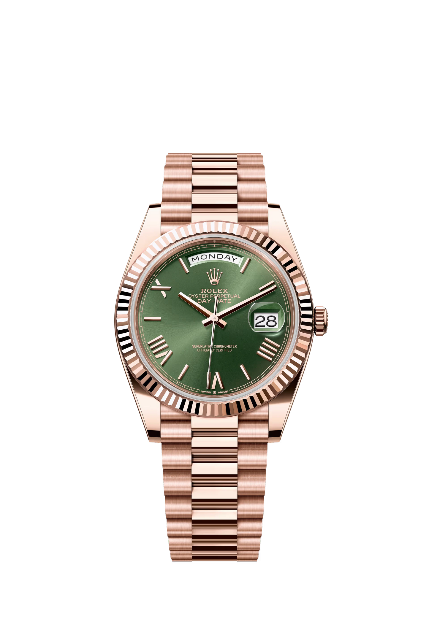 Rolex Day Date 40 Everose Gold Olive Green Dial Roman Markers President Bracelet Ref. 228235