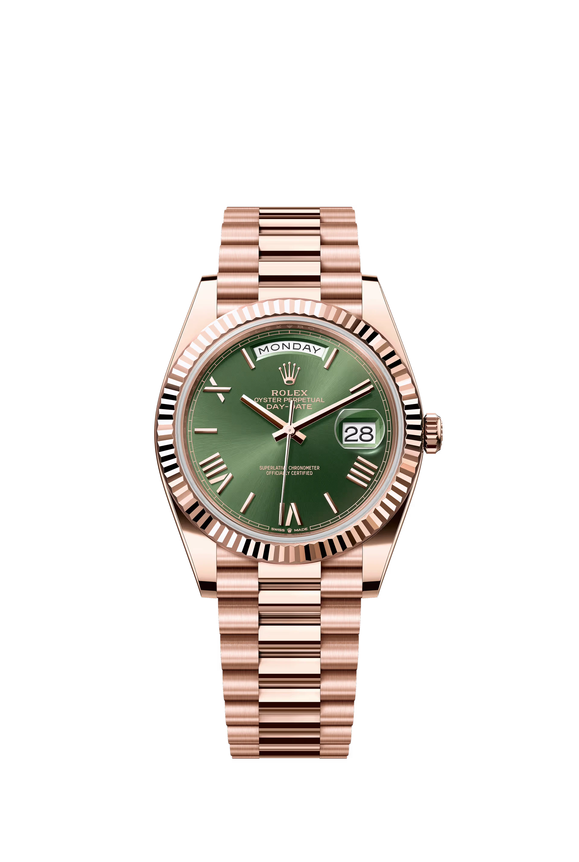 Rolex Day Date 40 Everose Gold Olive Green Dial Roman Markers President Bracelet Ref. 228235
