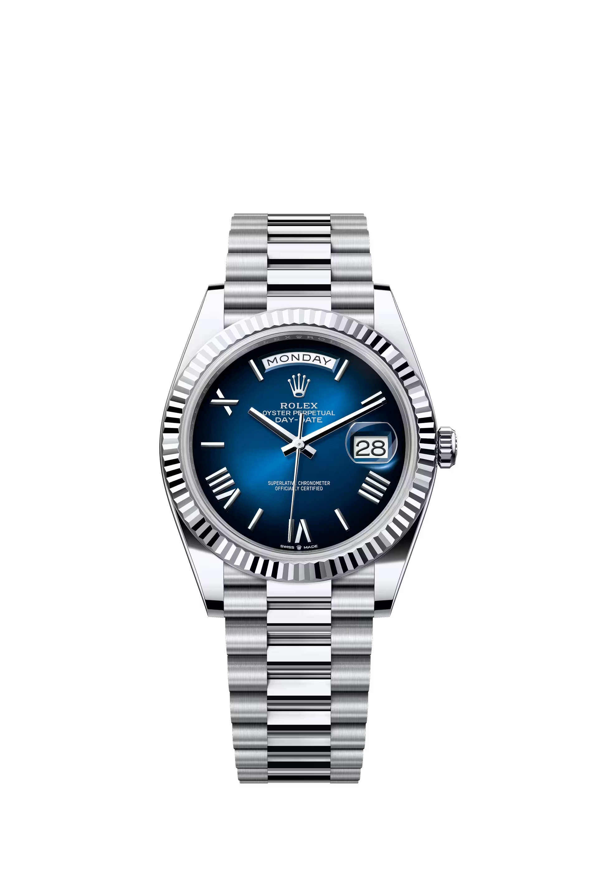 Rolex Day Date 40 Platinum Blue Ombre Dial Roman Markers President Bracelet Ref. 228236