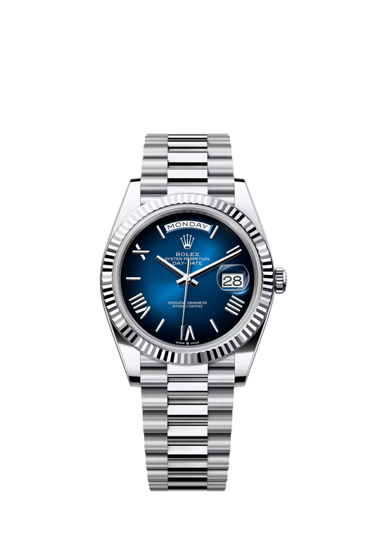 Rolex Day Date 40 Platinum Blue Ombre Dial Roman Markers President Bracelet Ref. 228236