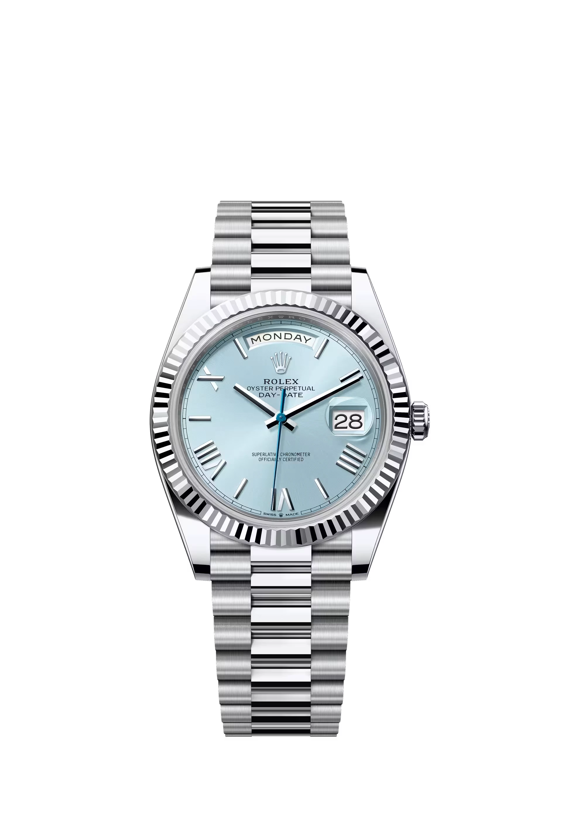 Rolex Day Date 40 Platinum Ice Blue Dial Roman Markers President Bracelet Ref. 228236