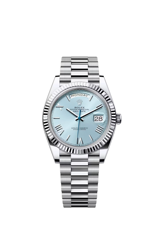Rolex Day Date 40 Platinum Ice Blue Dial Roman Markers President Bracelet Ref. 228236