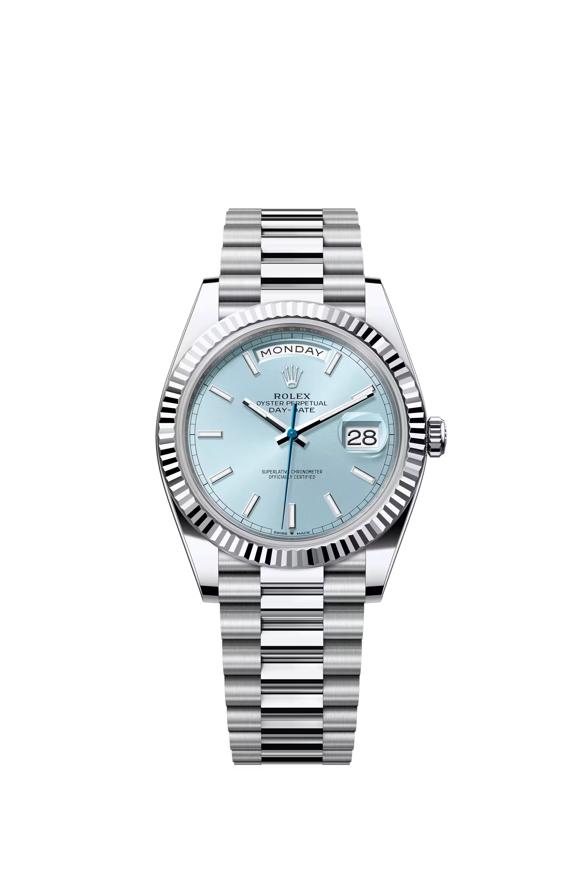 Rolex Day Date 40 Platinum Ice Blue Dial Stick Markers President Bracelet Ref. 228236