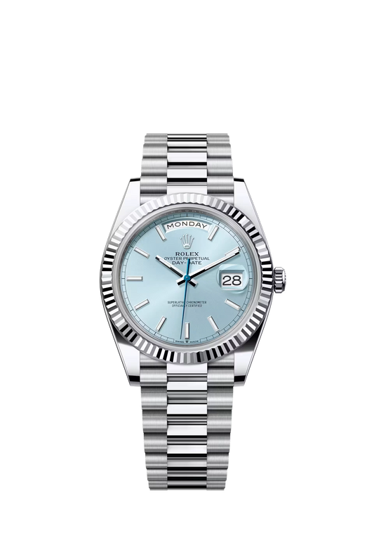 Rolex Day Date 40 Platinum Ice Blue Dial Stick Markers President Bracelet Ref. 228236