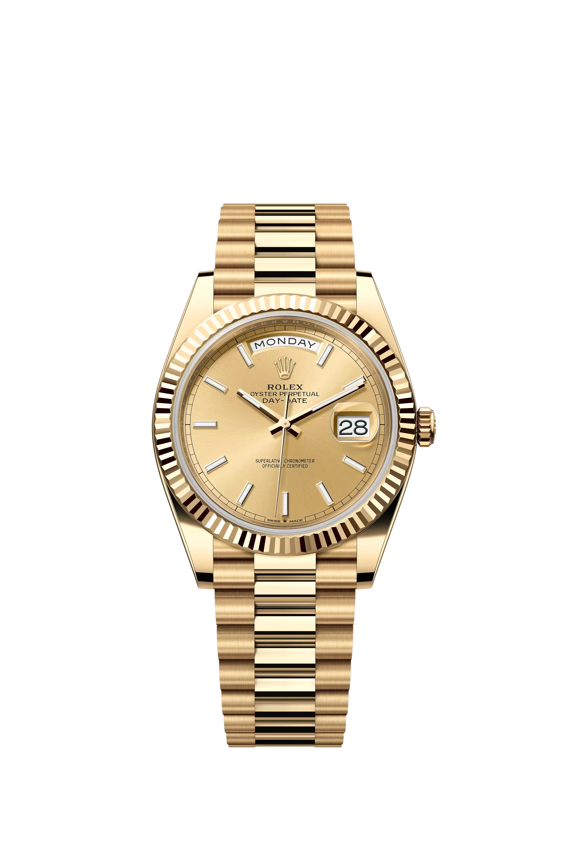 Rolex Day Date 40 Yellow Gold Champagne Dial Stick Markers President Bracelet Ref. 228238