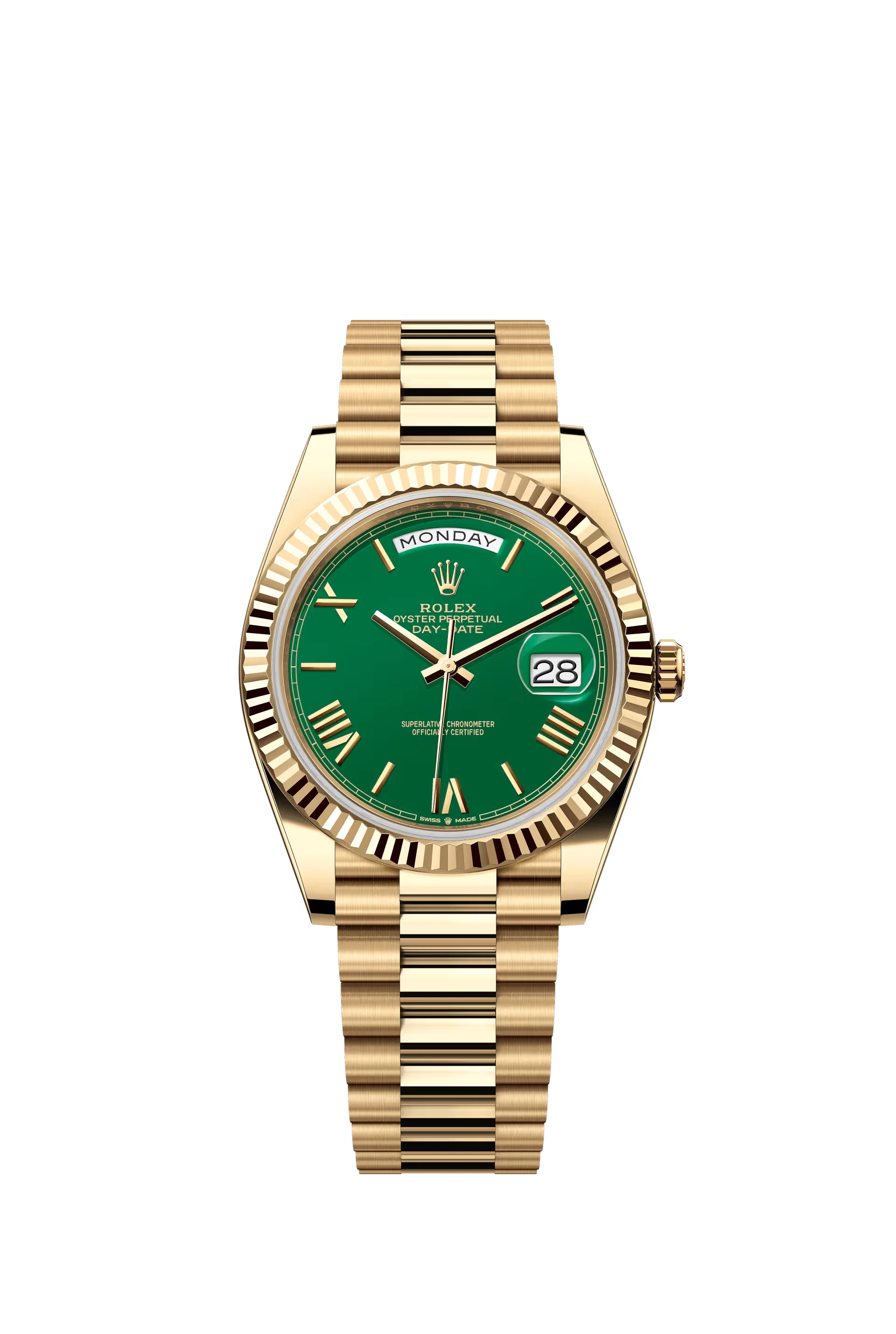 rolex-day-date-40-yellow-gold-green-dial-roman-markers-228238